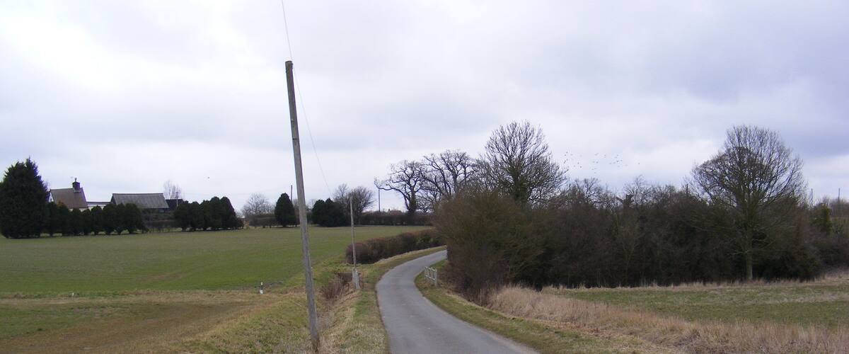 A rural road curving through fields with houses in the distance.