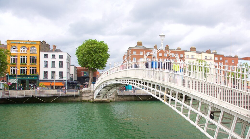 Ha\' Penny Bridge showing a city, a bridge and a river or creek