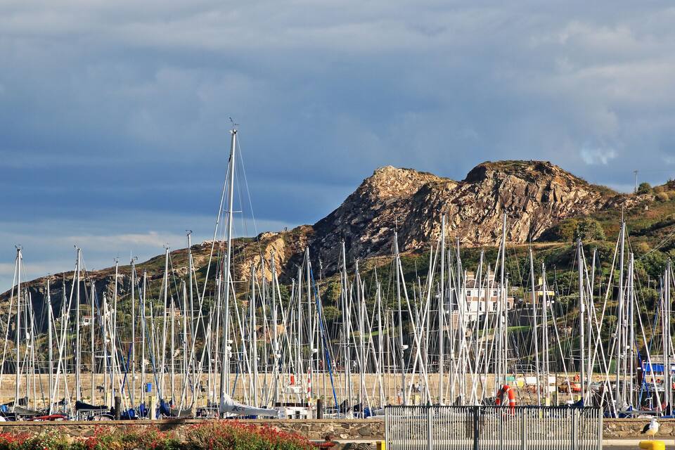 A marina with numerous sailboats docked in front of a mountainous backdrop.