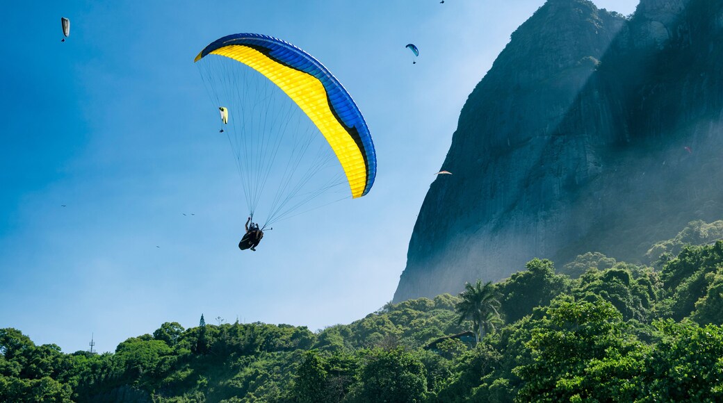 Paraglider passes along the misty greenery of Pedra da Gavea Mountain on its way to land at São Conrado Beach in Rio de Janeiro, Brazil