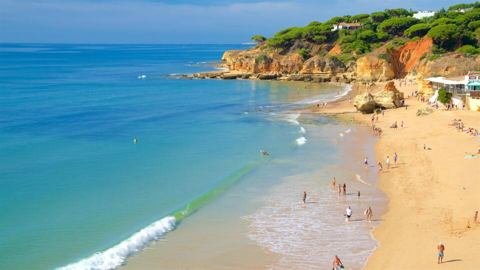 A beach with clear blue water, sandy shore, and rocky cliffs with greenery.