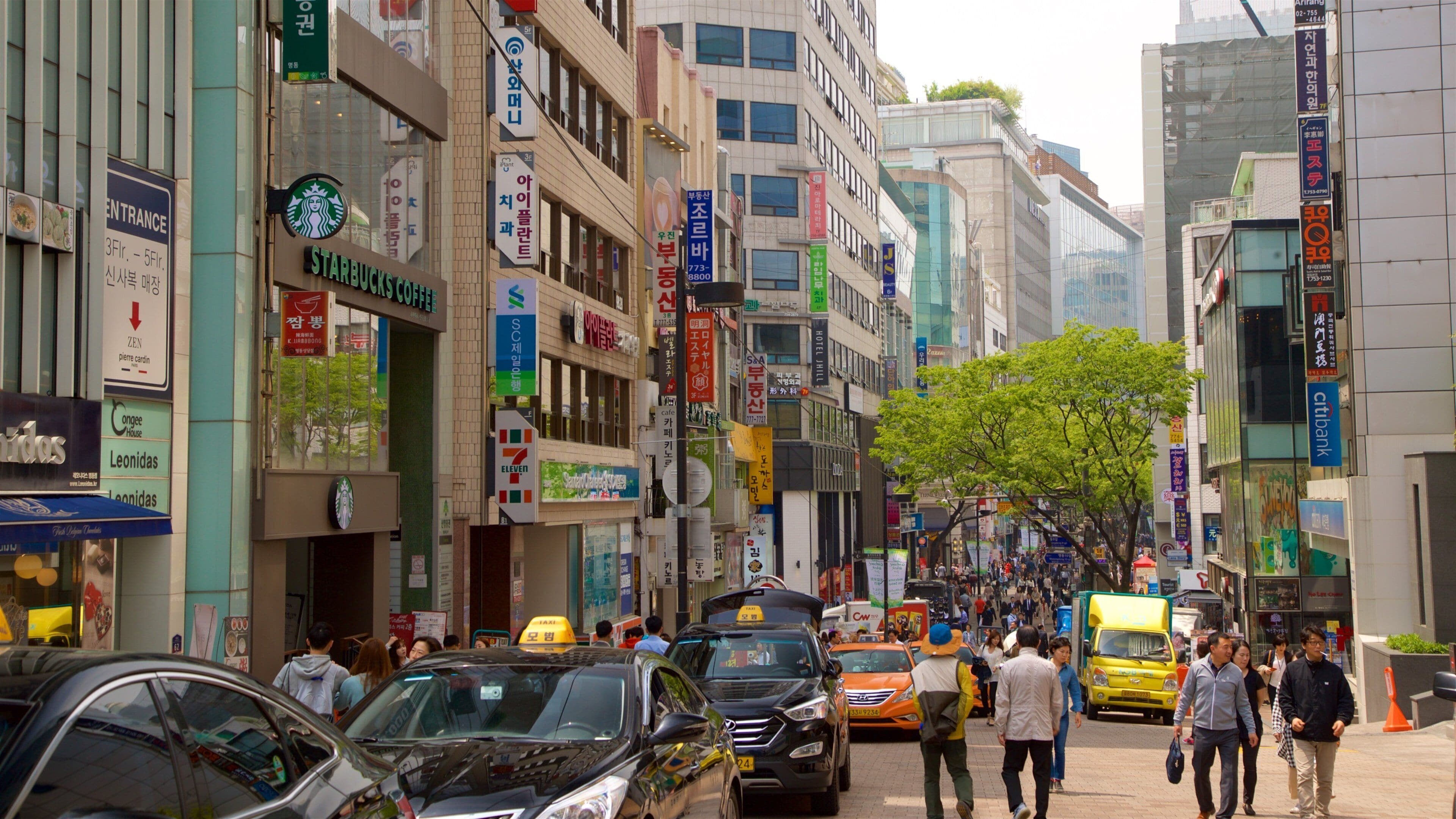 Myeongdong que incluye vistas a la ciudad y una ciudad y también un pequeño grupo de personas