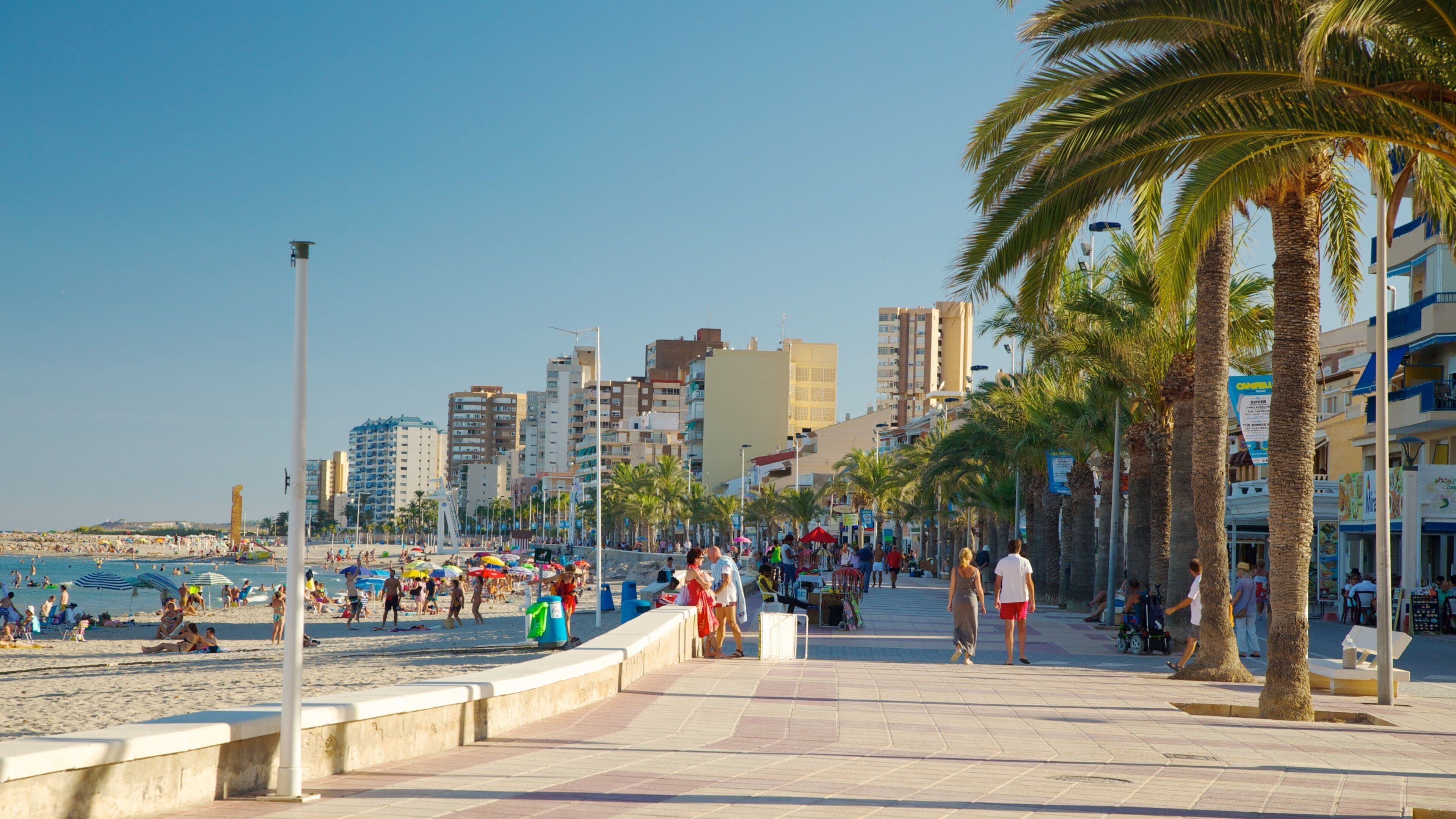 Plage de Campello mettant en vedette scènes tropicales, ville côtière et plage de sable