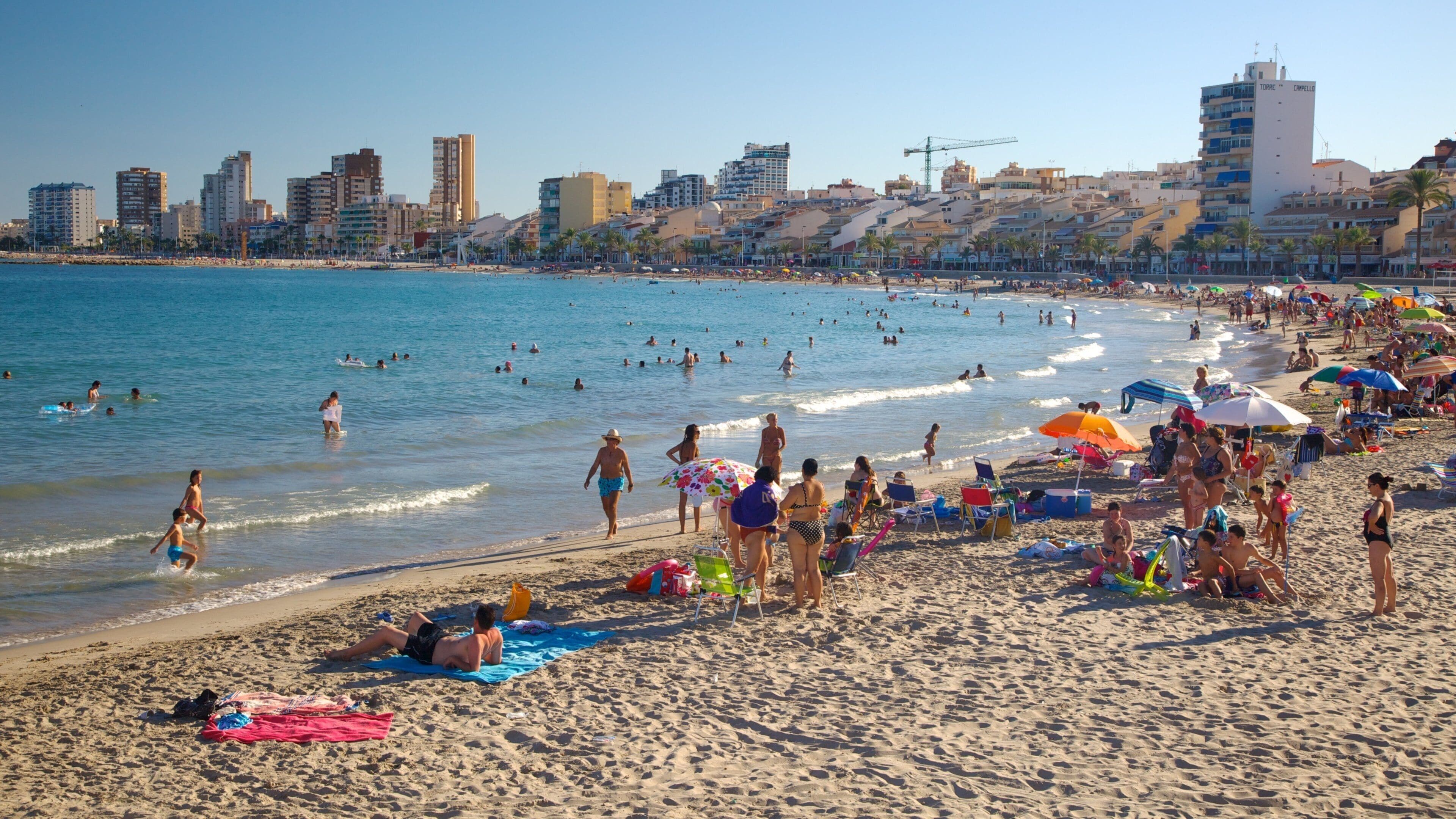 Campello Beach showing swimming, a coastal town and a beach