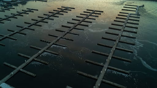 A network of wooden piers extending into a body of water.
