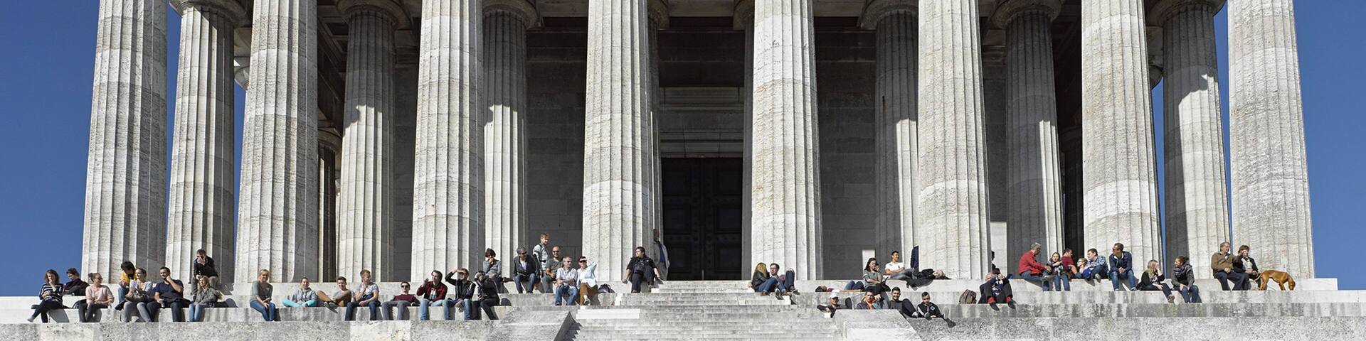 Walhalla Temple which includes heritage architecture as well as a large group of people