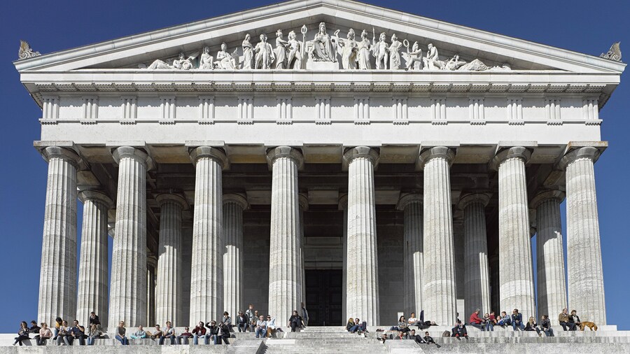 Walhalla Temple which includes heritage architecture as well as a large group of people