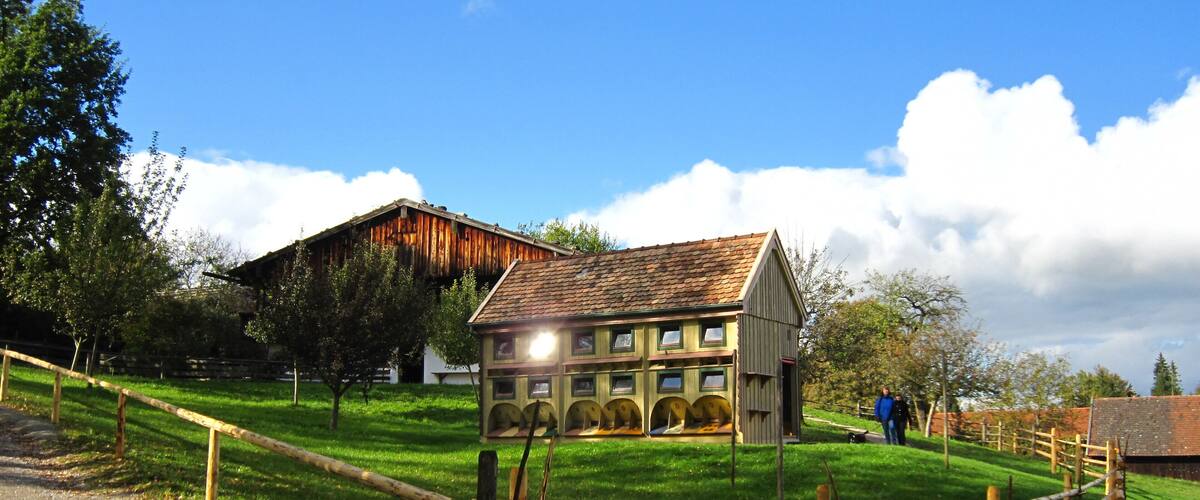A rustic building with a sloped roof, surrounded by a wooden fence and lush green grass.