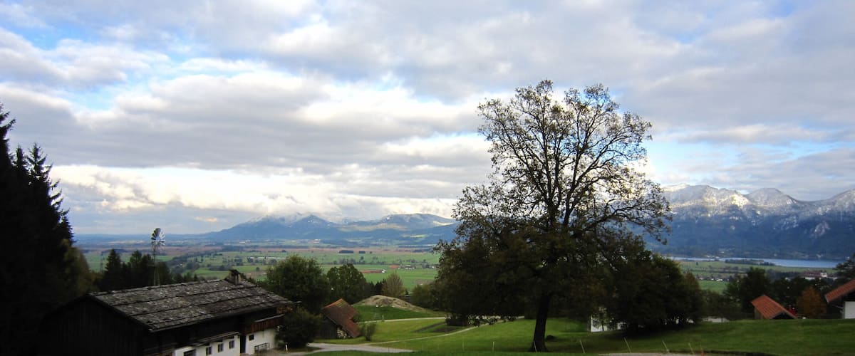 A rural landscape with a large tree, a windmill, and mountains in the background.