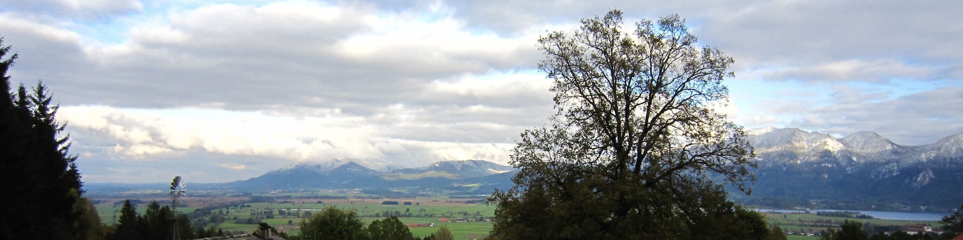A rural landscape with a large tree, a windmill, and mountains in the background.