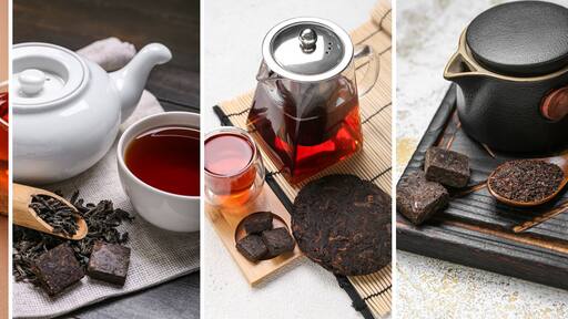 Collage with tasty fresh puer tea