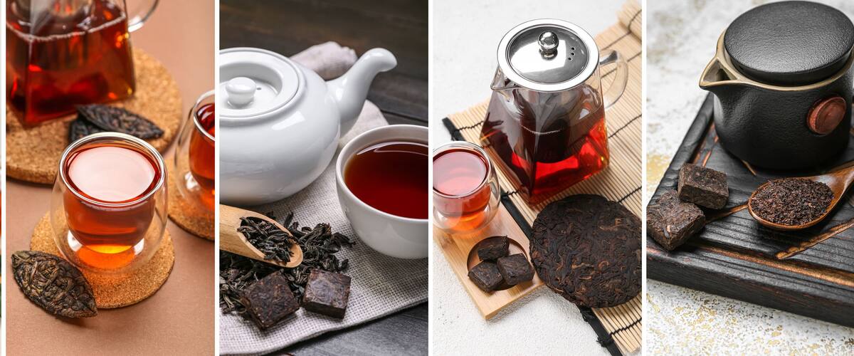 A variety of tea sets and loose tea leaves.