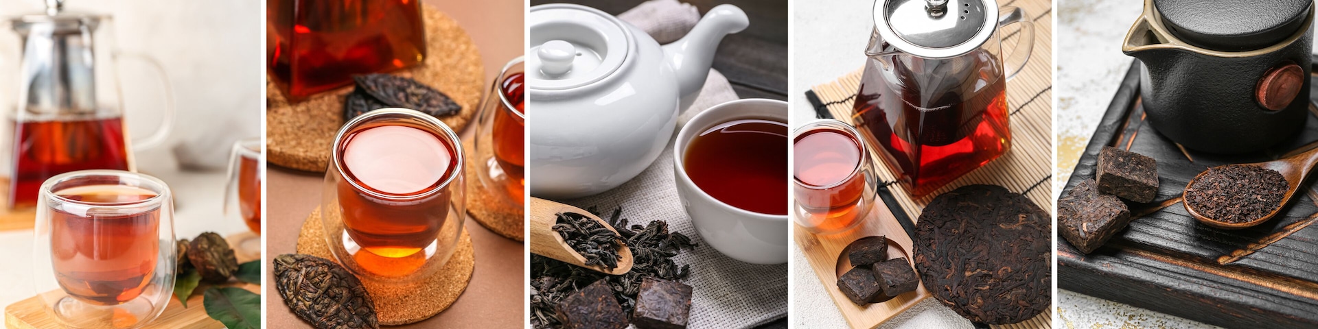 A variety of tea sets and loose tea leaves.