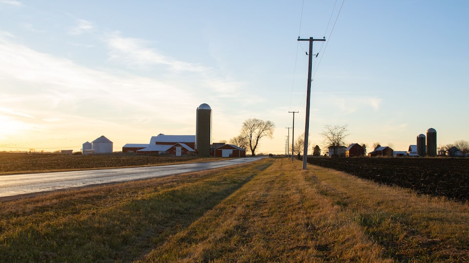A rural landscape with a road, barns, and silos under a clear sky.