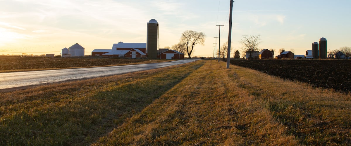 A rural landscape with a road, barns, and silos under a clear sky.
