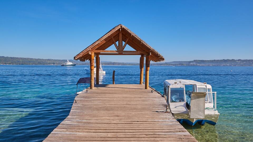 A wooden pier leading to a thatched-roof gazebo by a calm lake.