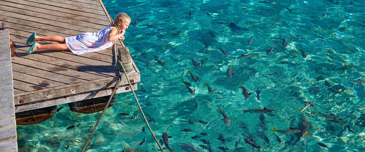 A wooden pier extending into clear turquoise water, with a person lying on it.