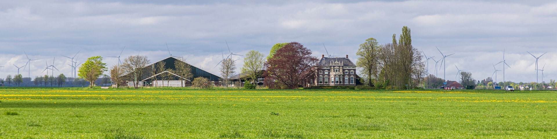 Scenic view of a traditional large farm house (Herenboer) surrounded by old trees in Oldambt Groningen The Netherlands.