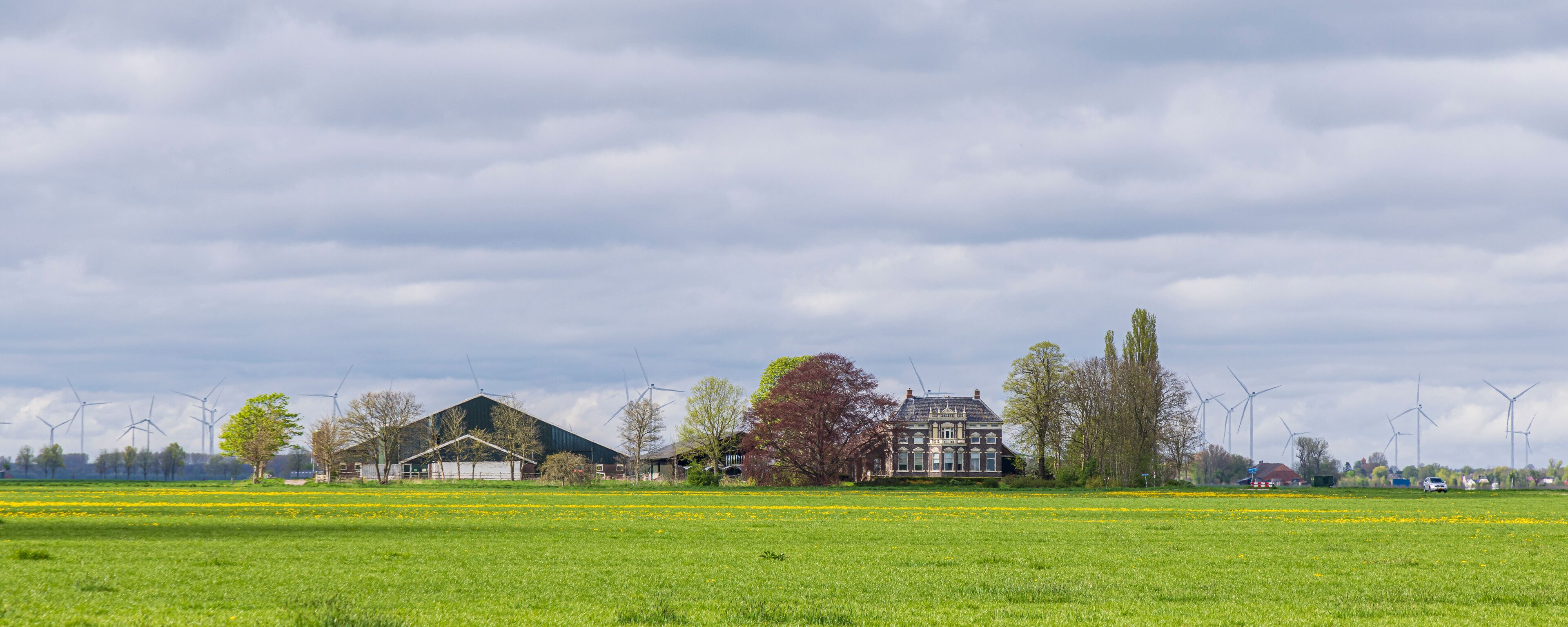 A green field, a large house, and wind turbines in the background.