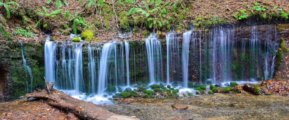 Ein mehrstufiger Wasserfall mit moosbewachsenen Steinen und Farnen.