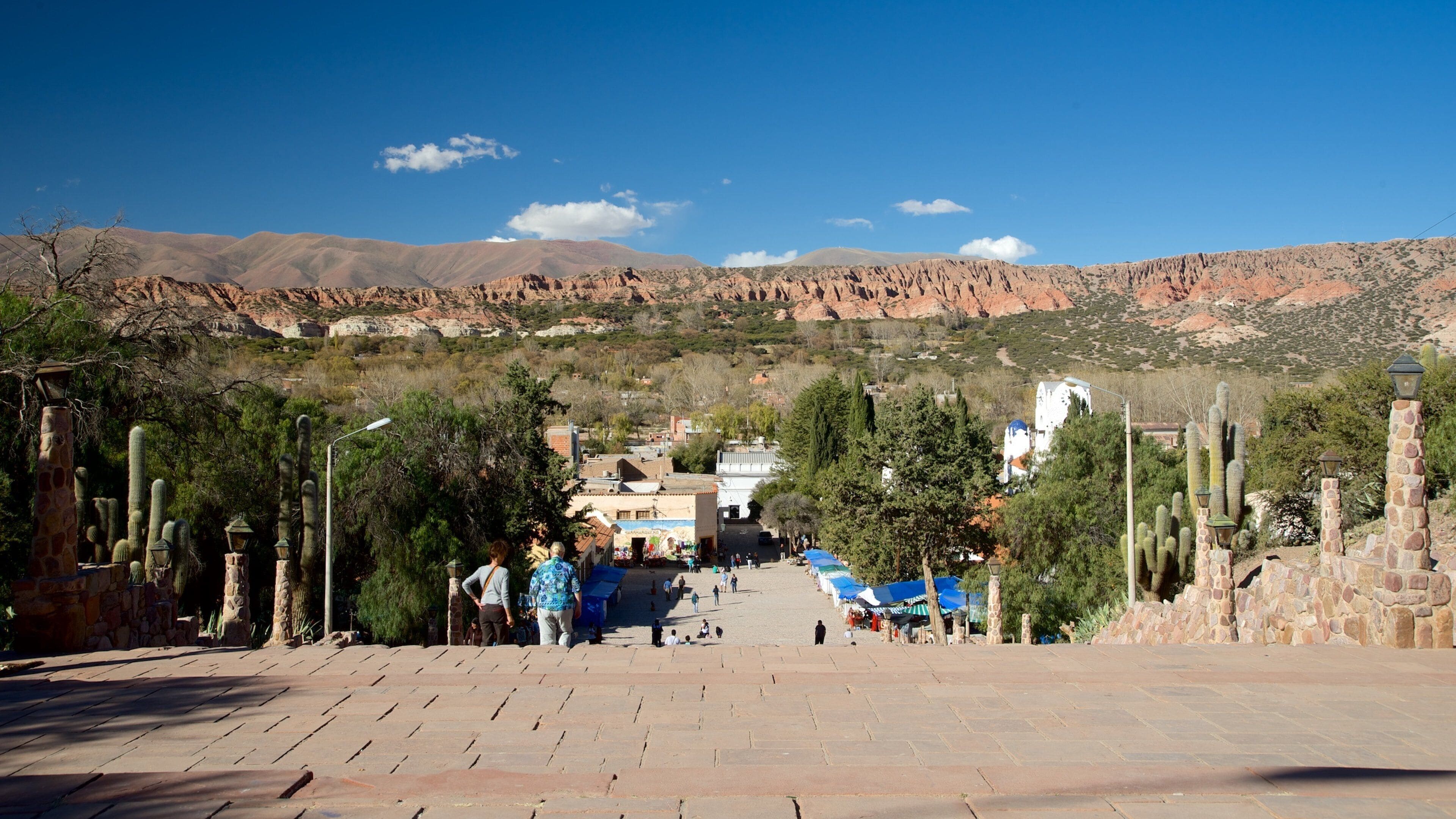 A paved pathway leading to a town with buildings and cacti.