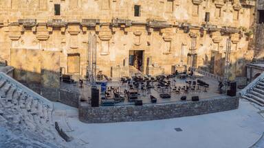 Aspendos Ancient City. Aspendos acropolis city ruins, cisterns, aqueducts and old temple. Aspendos Antalya Turkey. turkiye