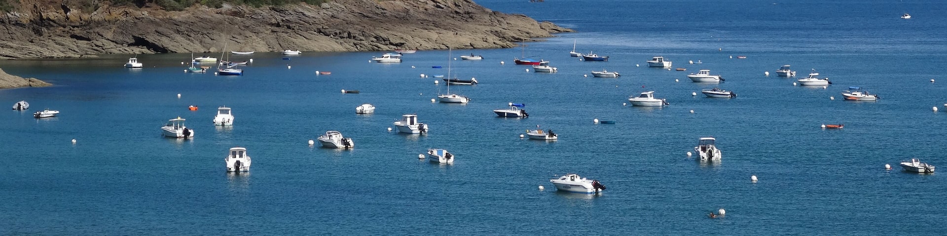 A coastal scene with numerous boats anchored in the water, a rocky shoreline with greenery, and a clear sky with clouds.