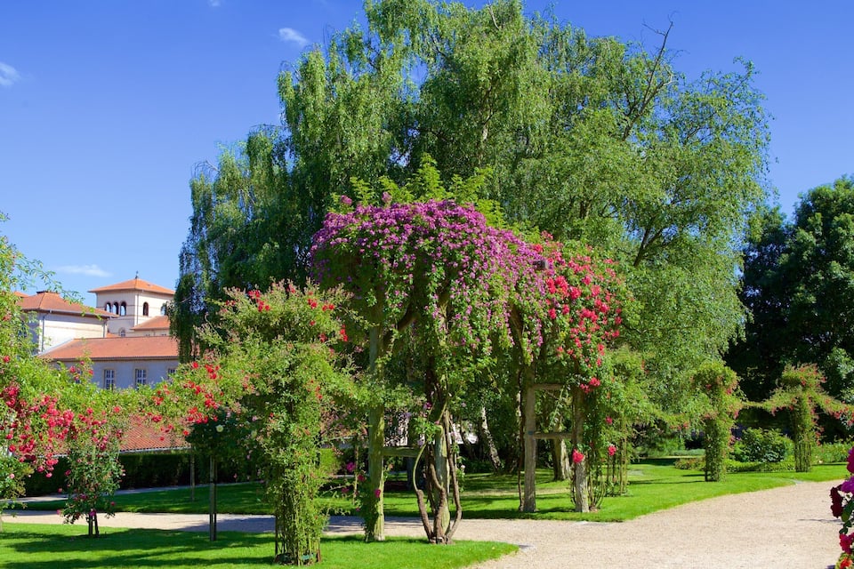 A garden with flowering trees, a gravel path, and a building with a red roof.