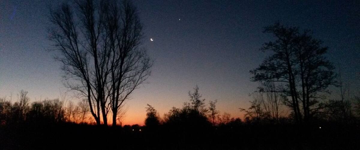 A night sky with a crescent moon and a bright star.