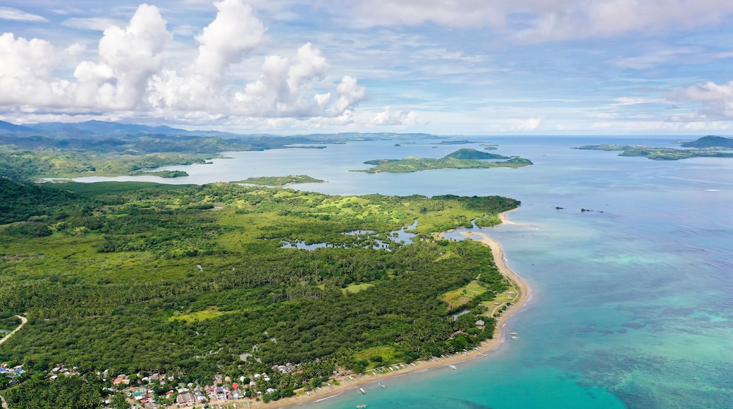 Seascape with islands in the early morning, aerial drone. Beautiful landscape on the island of Luzon. Caramoan Islands, Philippines. Malay archipelago with reefs and islands.