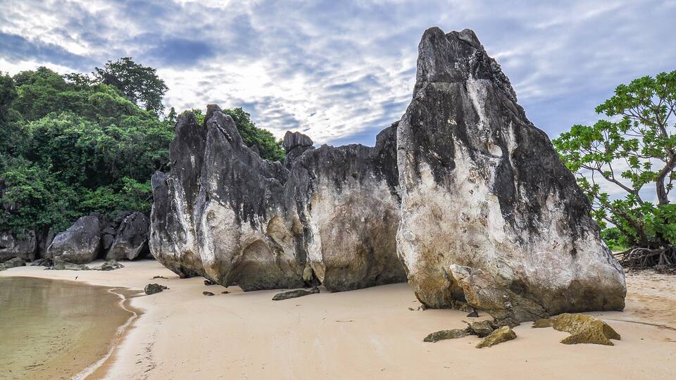 A beach with large rock formations and dense green foliage.