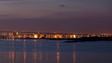 Uma grande ponte sobre a água ao entardecer, com luzes da cidade refletindo na superfície.