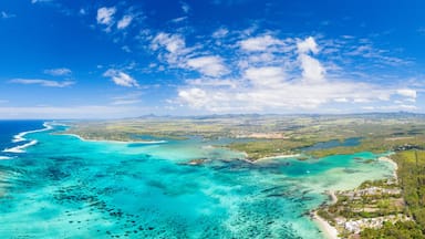 Turquoise coral reef meeting the waves of the Indian Ocean, aerial view, Poste Lafayette, East coast, Mauritius