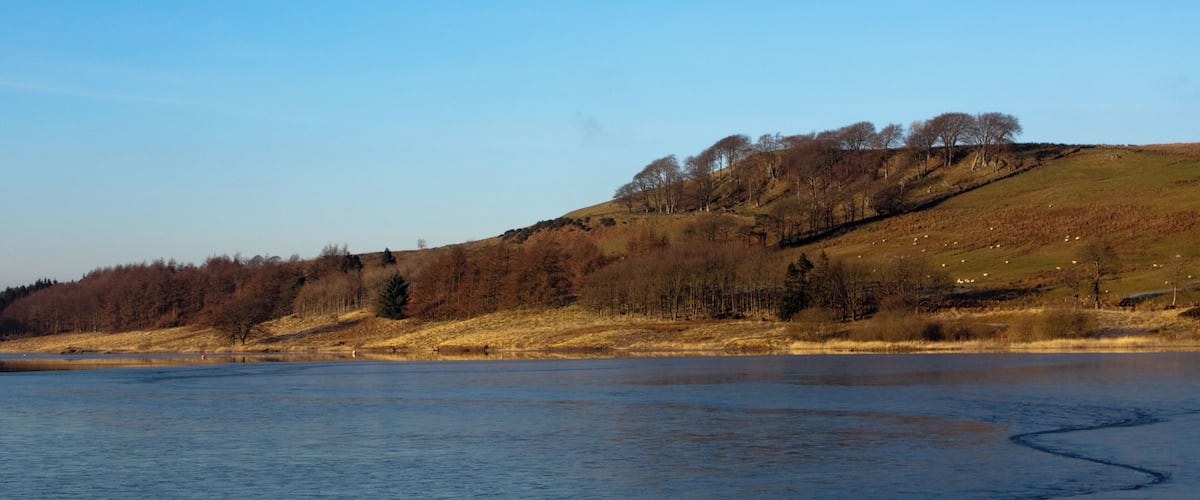 A frozen lake with a clear sky, surrounded by hills and sparse trees.
