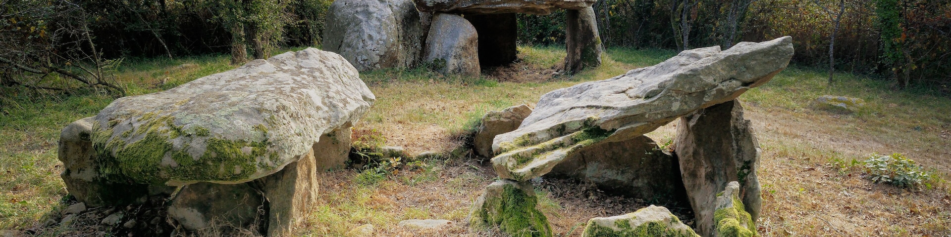The two prehistoric passage grave Neolithic dolmens burial chambered tombs of Kerran, south of Crac’h, Brittany, France
