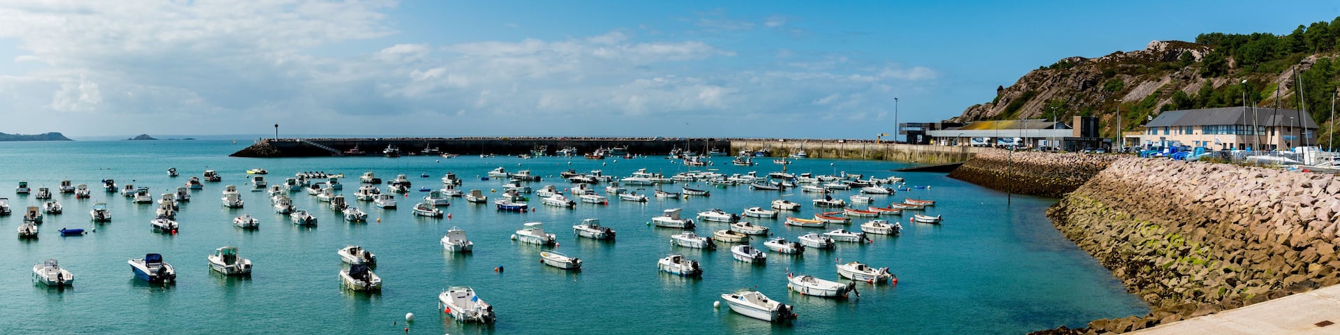 Erquiy, Cotes-d-Armor / France - 20 August, 2019: panorama view of the old port and harbor of Erquy in Brittany