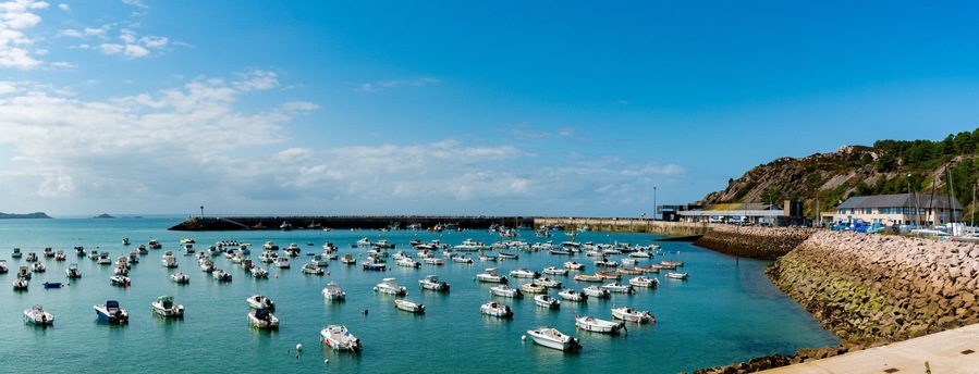 Erquiy, Cotes-d-Armor / France - 20 August, 2019: panorama view of the old port and harbor of Erquy in Brittany