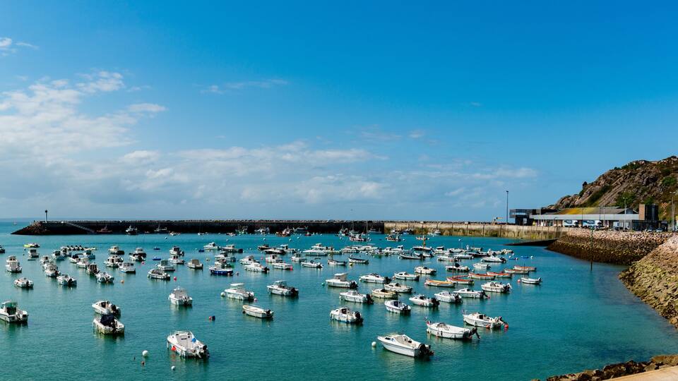 Erquiy, Cotes-d-Armor / France - 20 August, 2019: panorama view of the old port and harbor of Erquy in Brittany