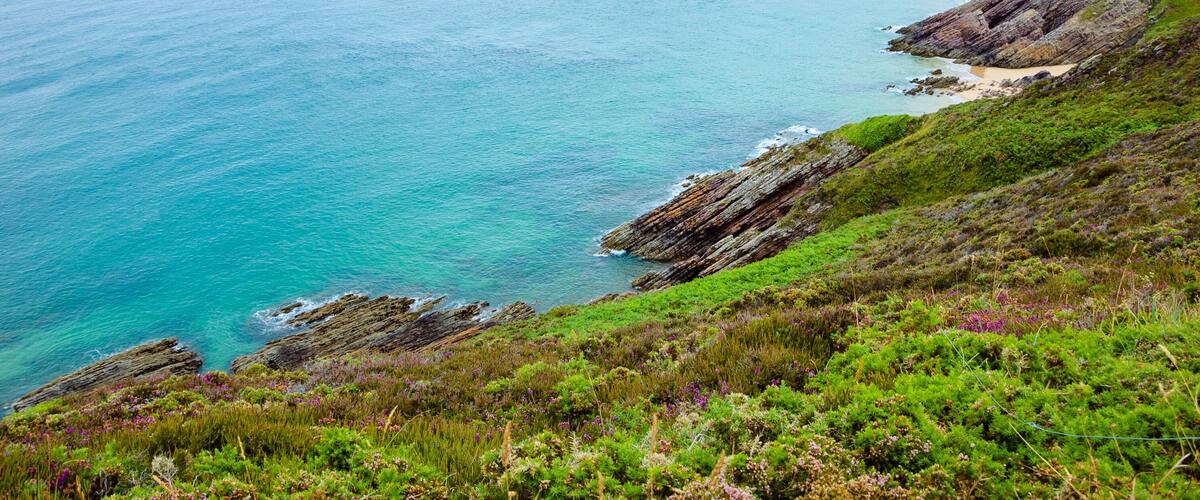 A coastal landscape with a sandy beach, rocky cliffs, and lush greenery.
