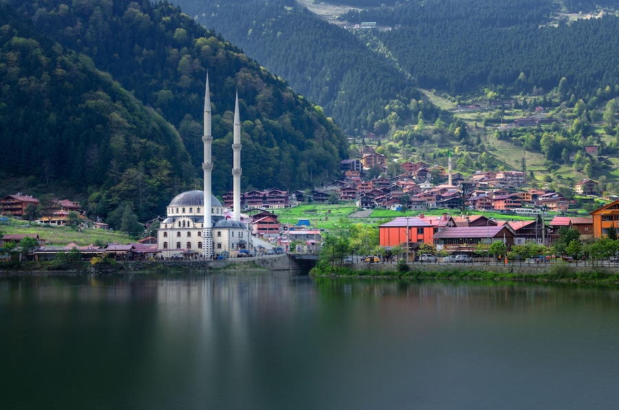 Mosque on the mountain lake Uzungol, Trabzon, Turkey