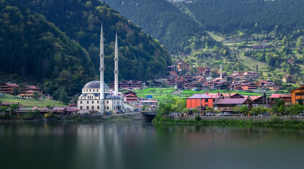 Travel in Turkey. Mosque on the mountain lake Uzungol, Trabzon