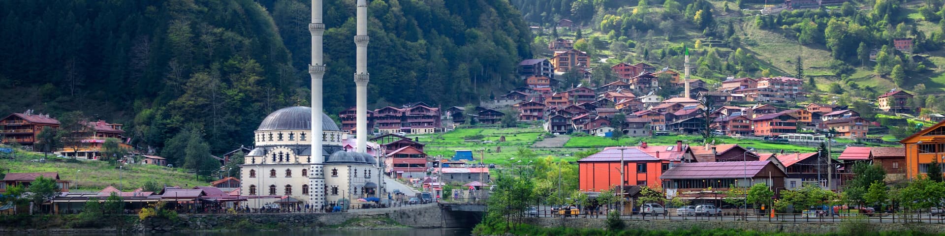Travel in Turkey. Mosque on the mountain lake Uzungol, Trabzon