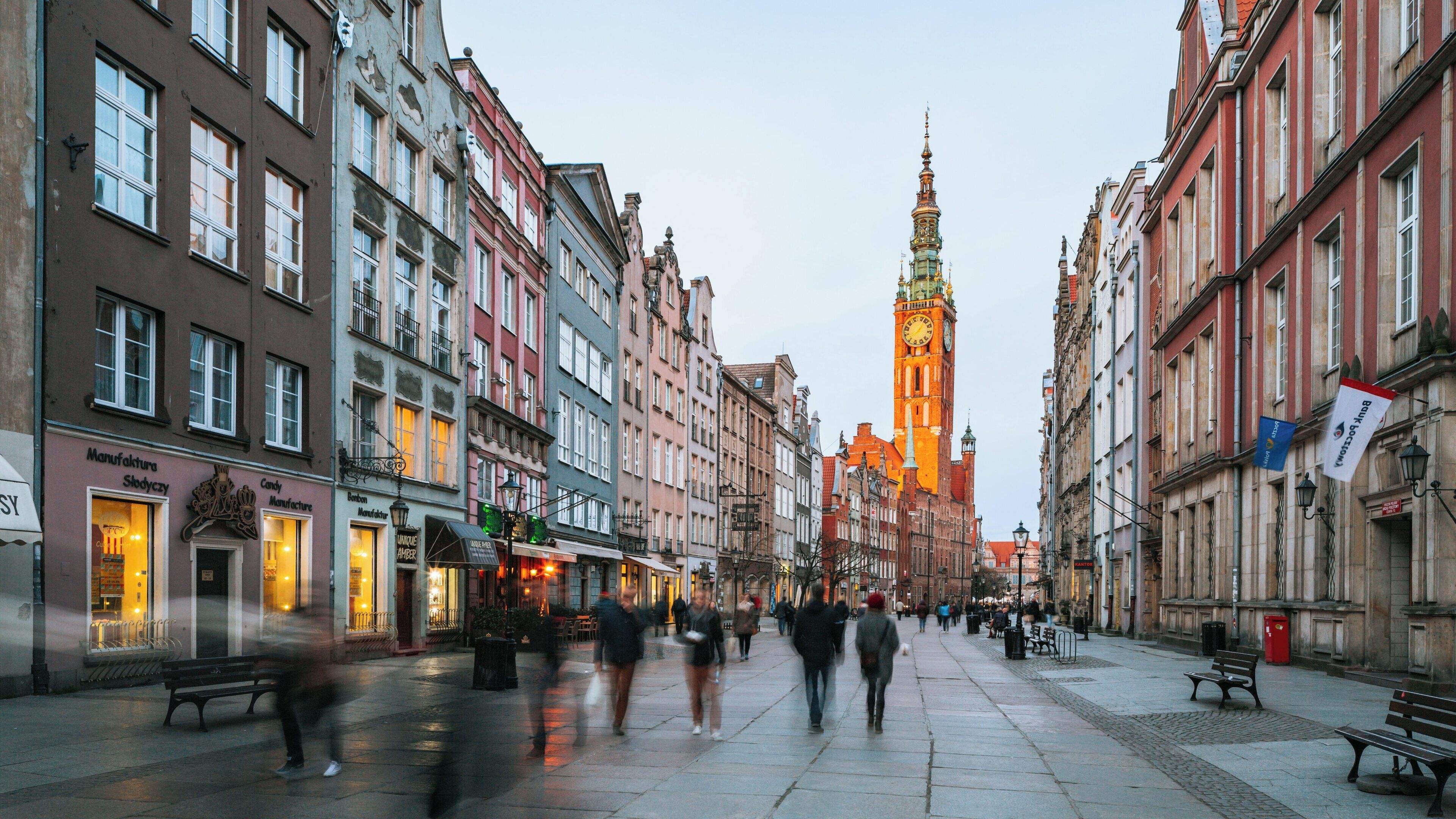 Exploring Gdansk Main Town Hall at dusk in Gdansk City Center Pomeranian Voivodeship Poland