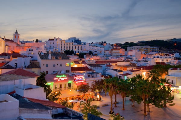 Albufeira Old Town Square which includes night scenes and a city