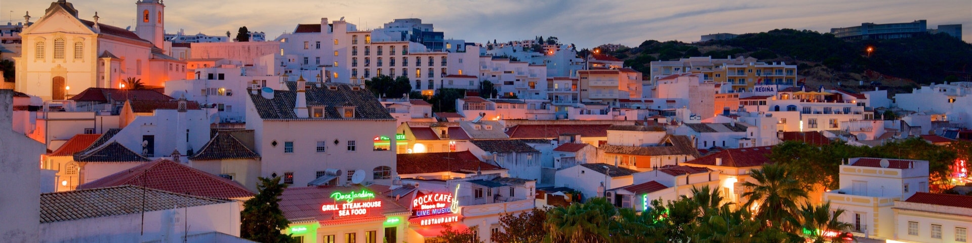Albufeira Old Town Square which includes night scenes and a city