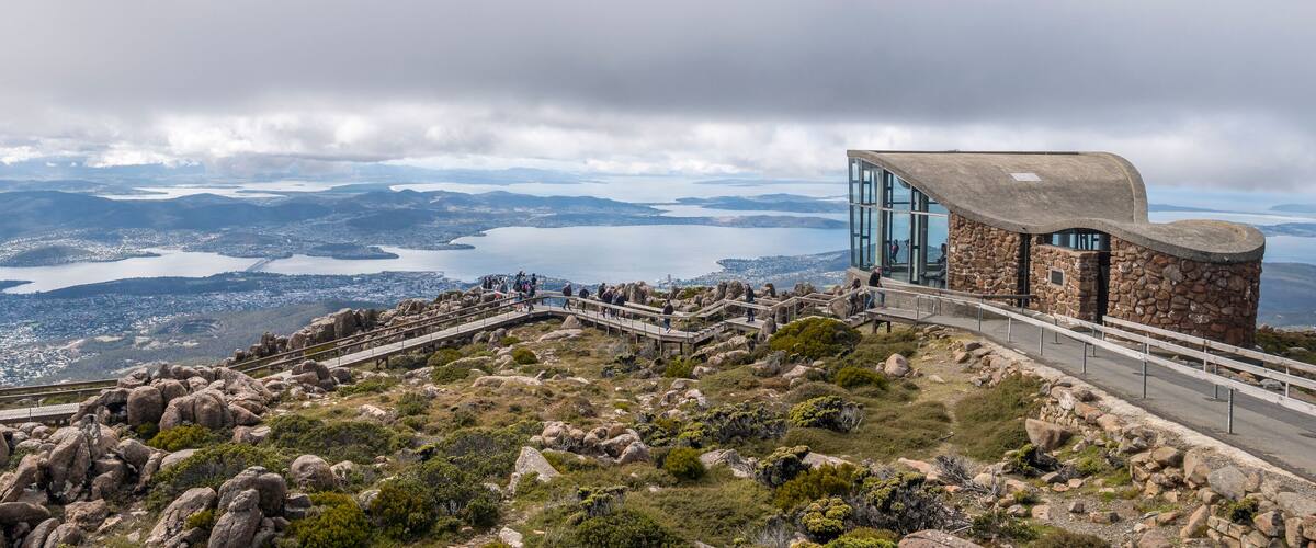 Hobart, Tasmania, Australia - March 15, 2020: Views and observation shelter on Mount Wellington.