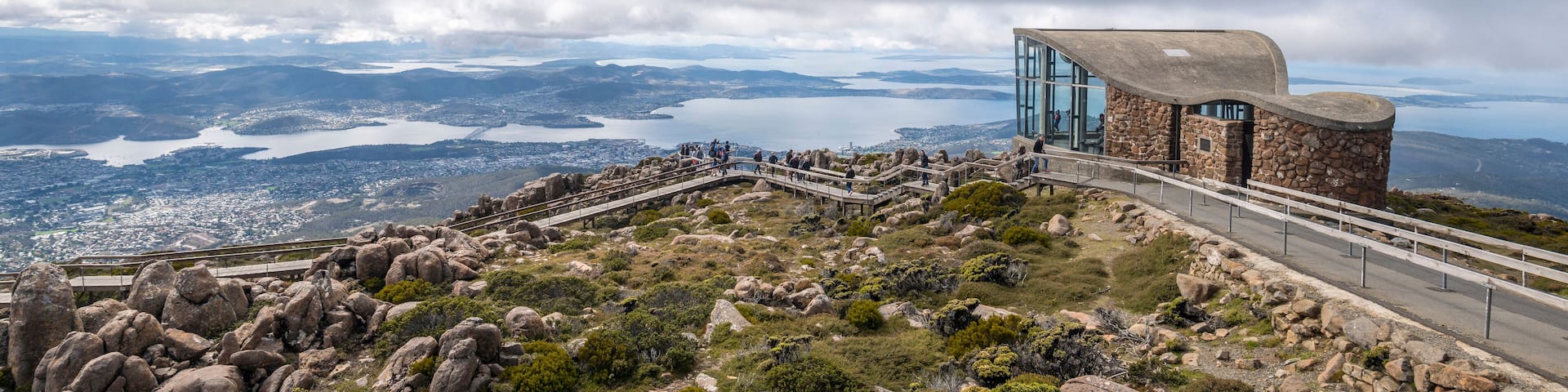 Hobart, Tasmania, Australia - March 15, 2020: Views and observation shelter on Mount Wellington.