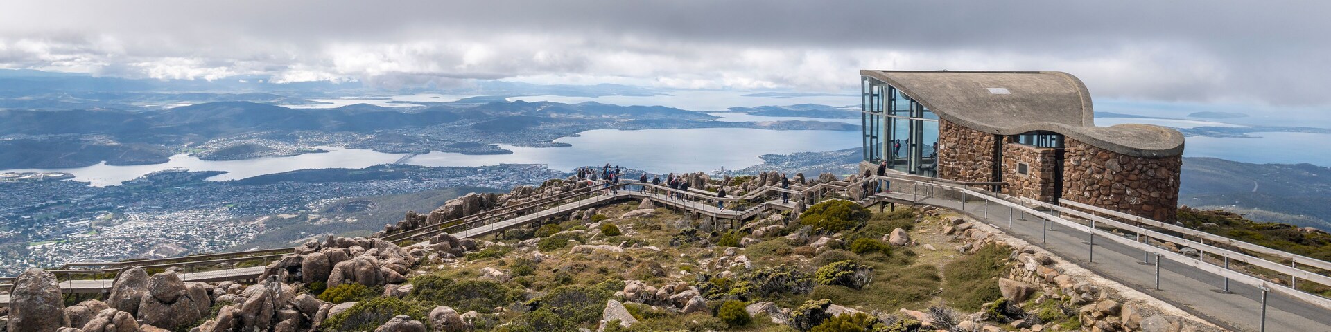 Hobart, Tasmania, Australia - March 15, 2020: Views and observation shelter on Mount Wellington.