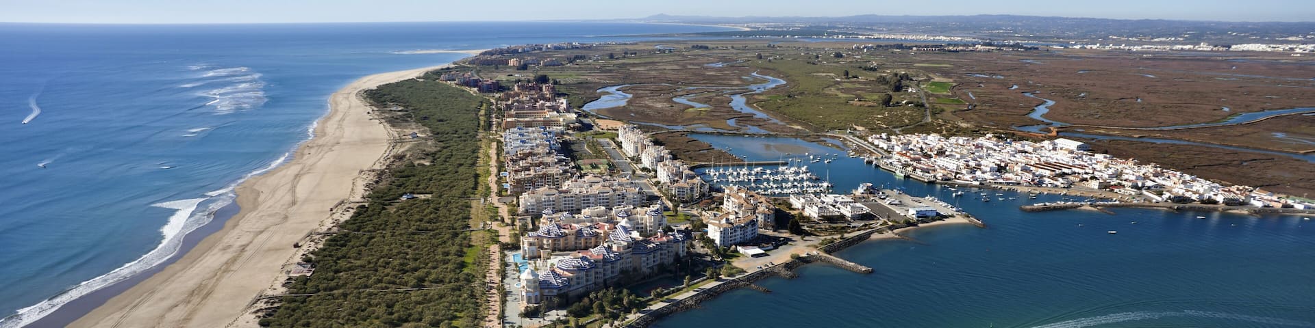 Aerial view of the beach of Isla Canela in Ayamonte, Huelva, Andalusia, Spain