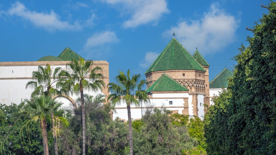 Green spaces, palm trees and elegant traditional architecture in the Habous (New Medina) neighborhood of Casablanca, Morocco